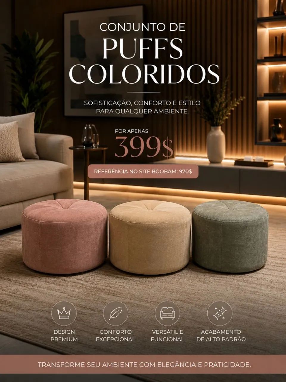 Conjunto 3 puffs coloridos decorativos 60cm muito confortáveis 
