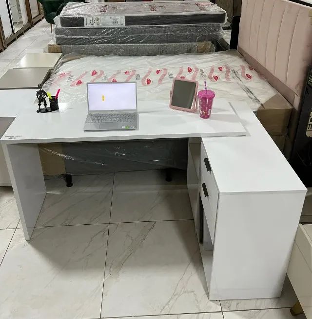 Mesa De Escritório Em L 2 Gavetas 3 Nichos Office Branco/Branco - Foto 2