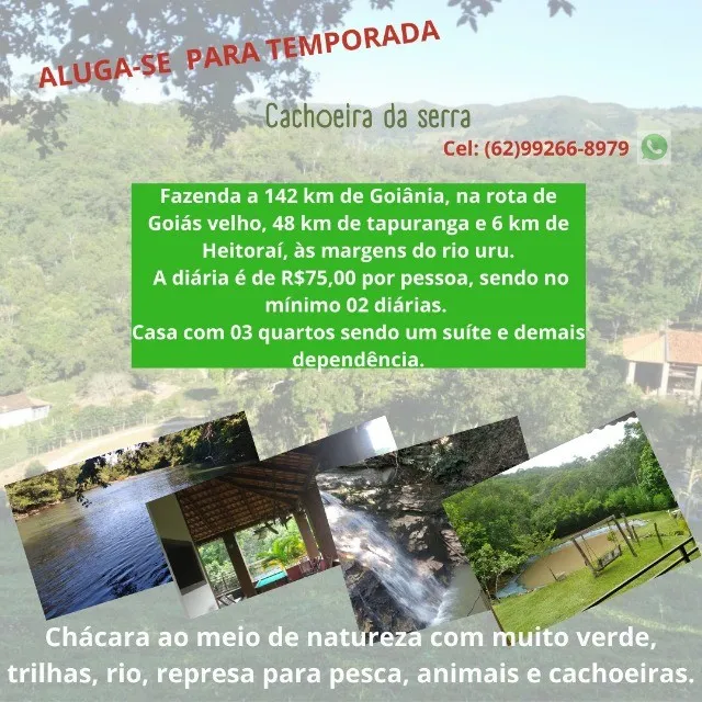 Chácara para locação temporada e finais de semana, 142 km de Goiânia, 6 km de Heitoraí