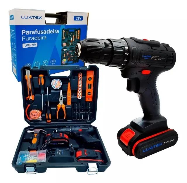 Parafusadeira Furadeira Marca Luatek 21v C/ Ferramentas 2 Baterias Cor Preto 110v/220v 