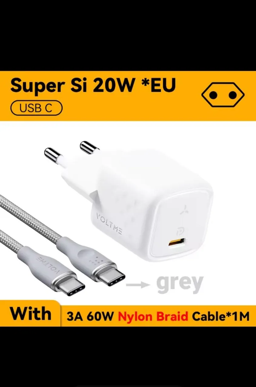 Carregador Rápido Voltme 20W Super Si com Cabo 3A 60W Nylon Braid 1M