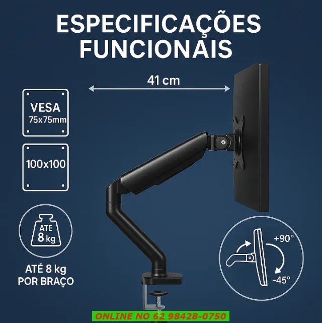 Suporte Monitor Duplo Articulado Vesa Para Mesa 2 Monitores Preto - Foto 3