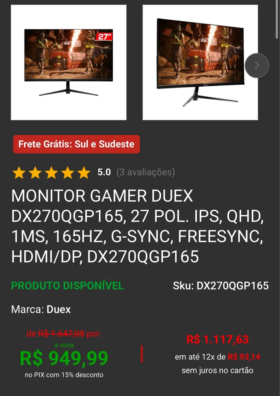 Monitor gamer 165hz 27pol 1ms 