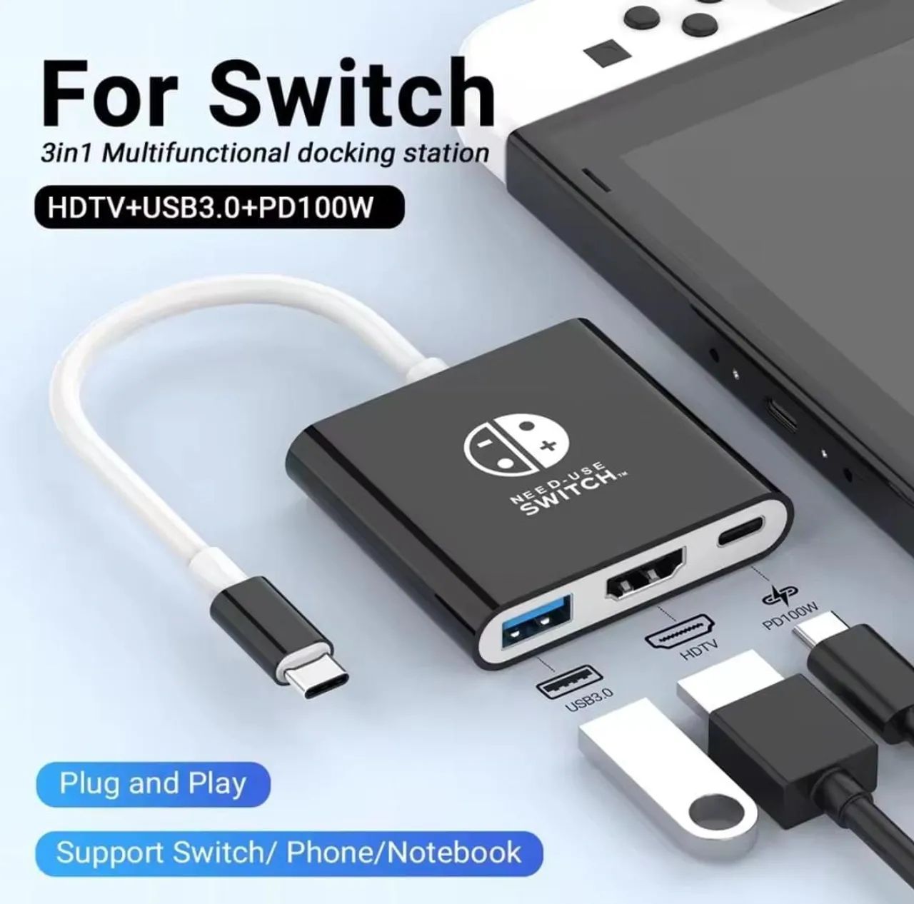 Adaptador 3 em 1 Hub para Switch, Steam Deck, PC, Android tipo C