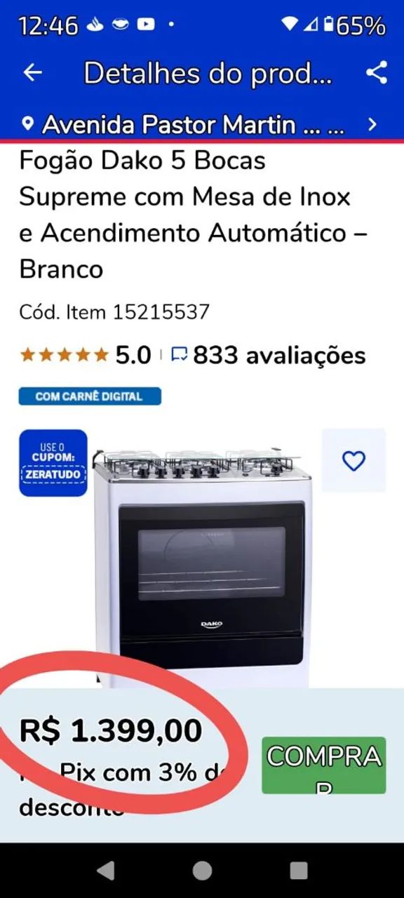 Fogão Dako 5 Bocas Supreme - Mesa de Inox - Branco