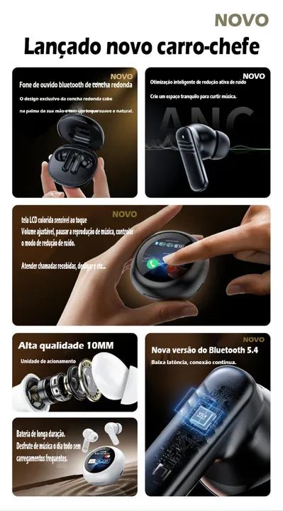 Fone De Ouvido Bluetooth Com Tela Redonda Controlado Por Toque Com Cancelamento De Ruído.. - Foto 3