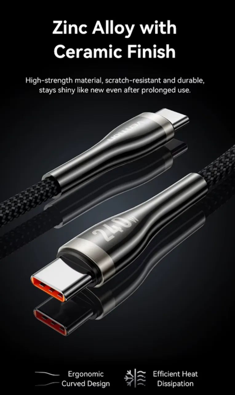 Cabo Vention 240W Usb-c pra Usb-c Nylon 1.2m Lacrado - Foto 3