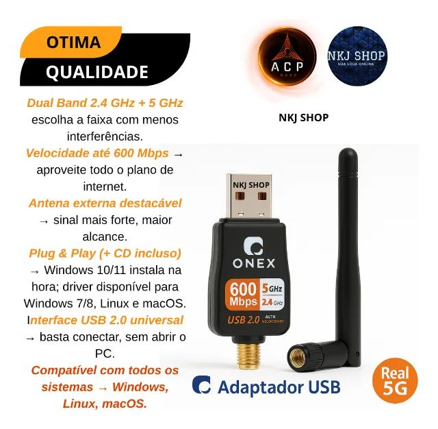 Placa Wifi Usb De Rede Dual Band 2.4 E 5ghz 600mbps Pc Placa de Rede para PC  - Foto 4