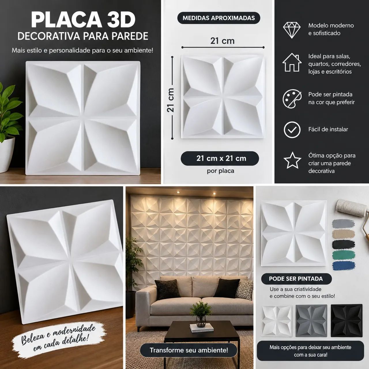 Placa 3D Decorativa para Parede - Modelo Moderno