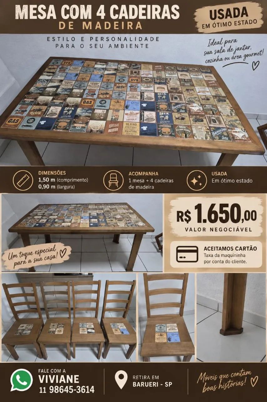 Mesa de madeira com 4 cadeiras 