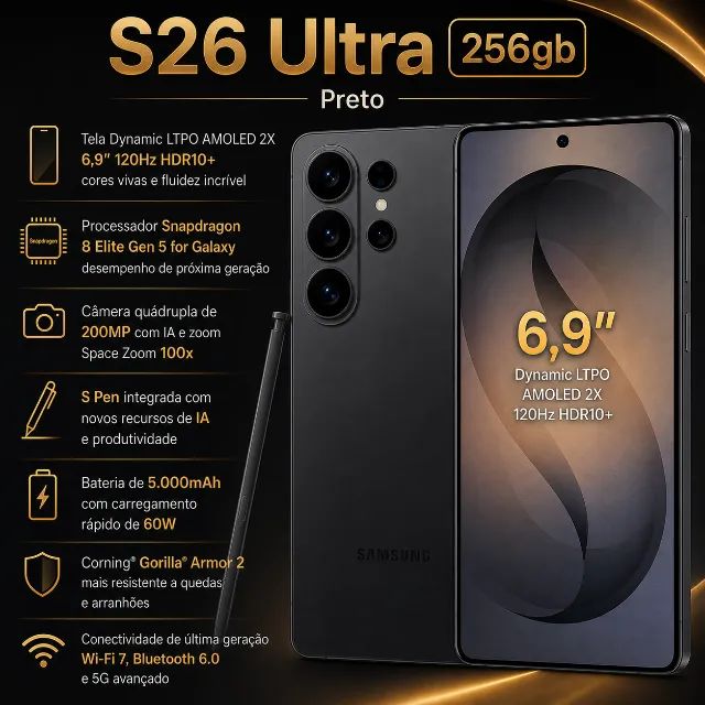 Sasmung Galaxy S26 Ultra 256gb 12gb ram preto Novo Lacrado