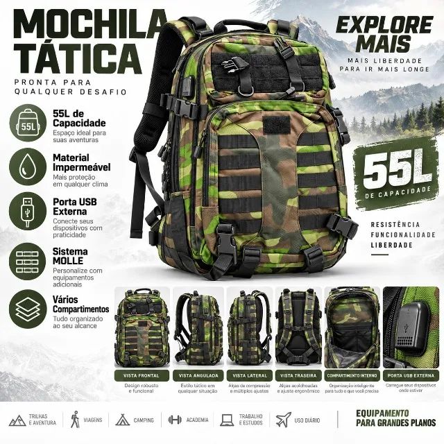 Mochila Tática Militar 55l Camuflada Impermeável Usb - Foto 2