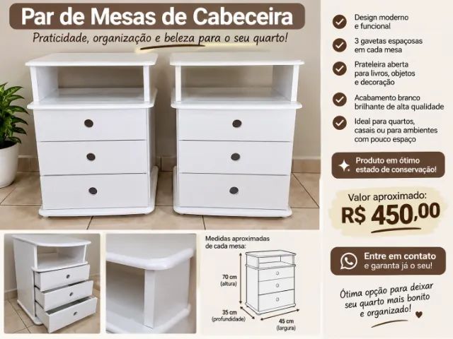 Kit com 2 criados mudos branco + nicho+ 3 gavetas cada 