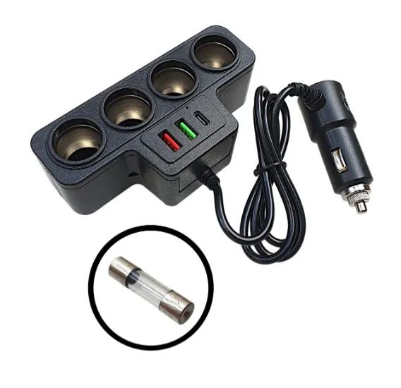 Extensor Divisor 4 tomadas Veicular Acendedor 12v/24v + USB e USB C 120w
