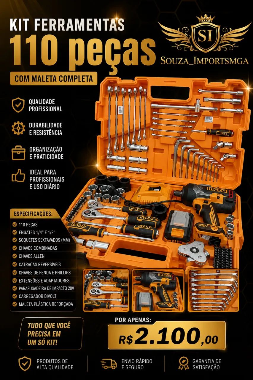 Este é um kit completo de ferramentas mecânicas e automotivas da marca INGCO.