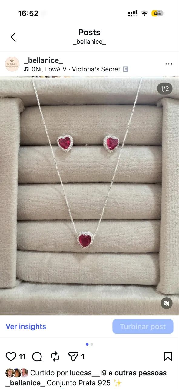 Conjunto coração vermelho prata 925
