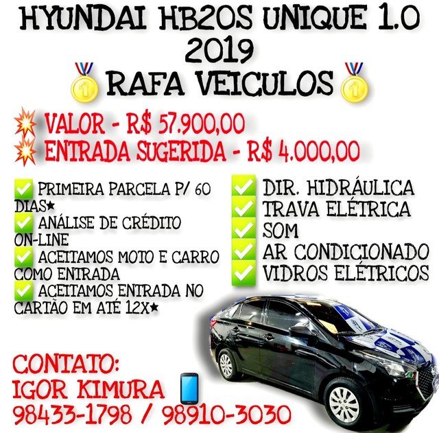HYUNDAI HB20S UNIQUE 1.0 12V FLEX 2019, FALAR COM IGOR RAFA VEÍCULOS NN