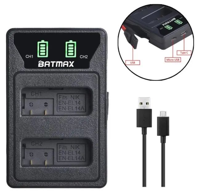 2 Baterias El14A Mais Um Carregador Duplo Para Câmeras Nikon D3200 D5100 D5300 D3300 D5600 - Foto 4