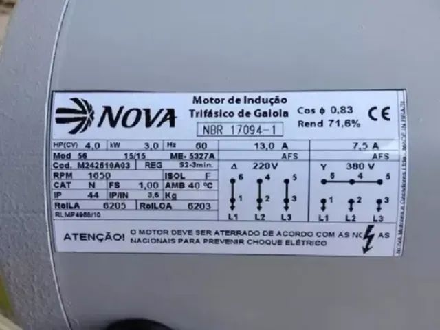 Motor Elétrico Nova Motores Trifásico Blindado Elevacar 4 CV 4 Pólos  220/380 Volts 1650 r - Foto 2