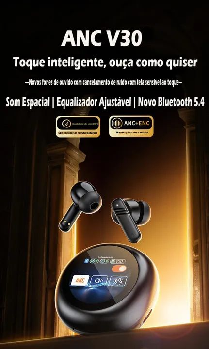 Fone De Ouvido Bluetooth Com Tela Redonda Controlado Por Toque Com Cancelamento De Ruído.. - Foto 4