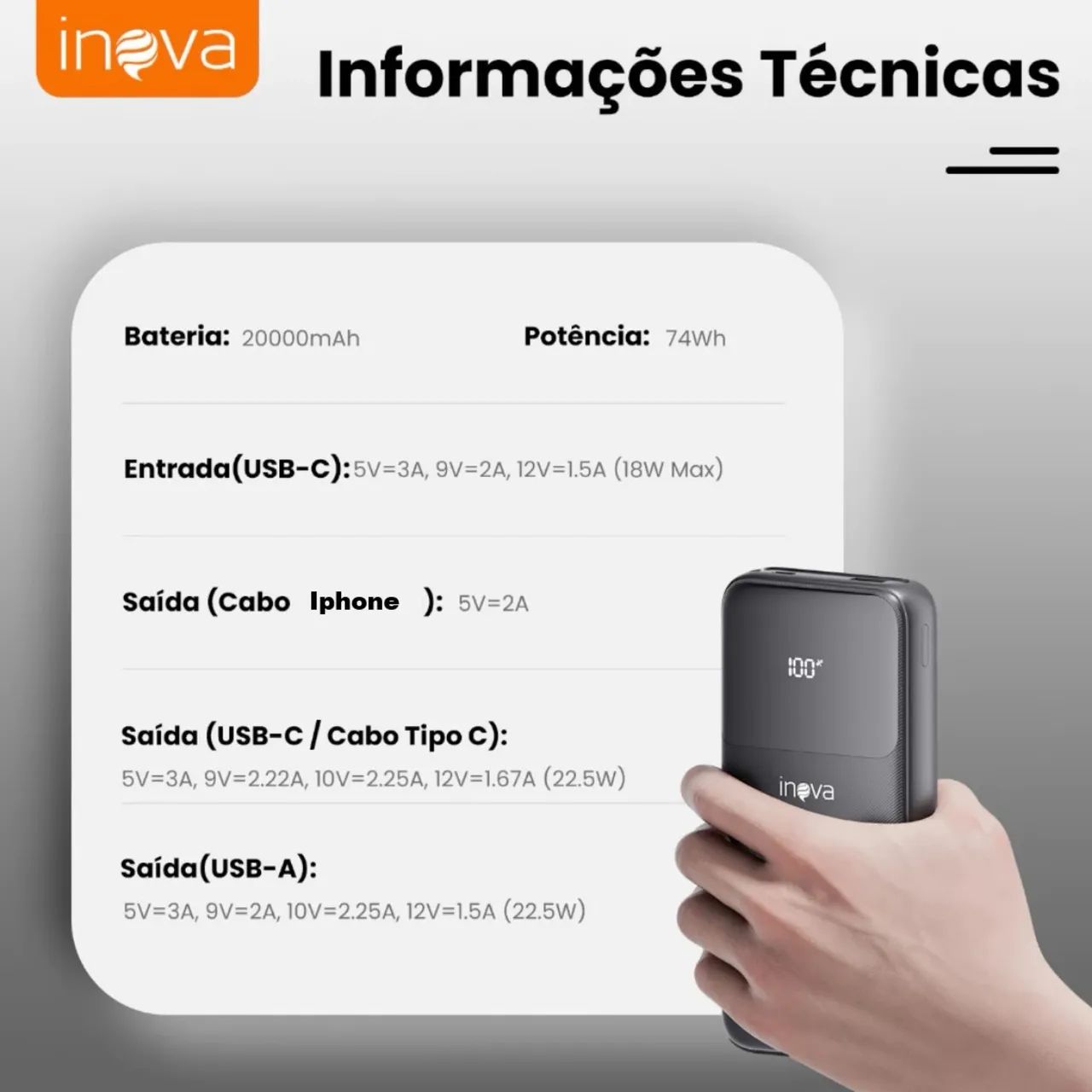 Power Bank 20.000mah super rápido 22.5w turbo com Cabo Tipo C e Lightning Produto Novo - Foto 2