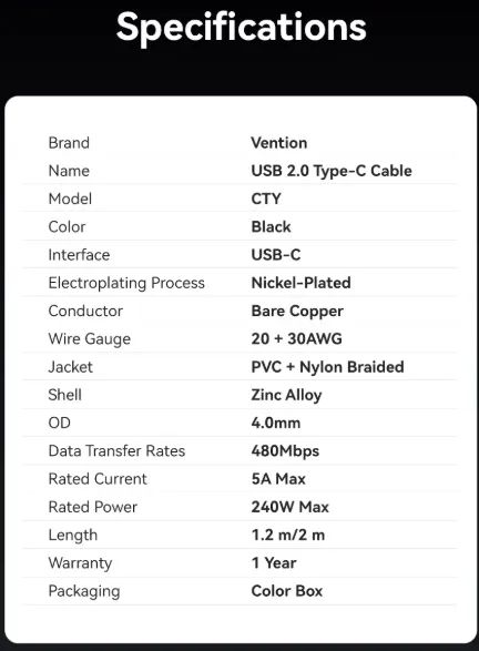Cabo Vention 240W Usb-c pra Usb-c Nylon 1.2m Lacrado - Foto 4