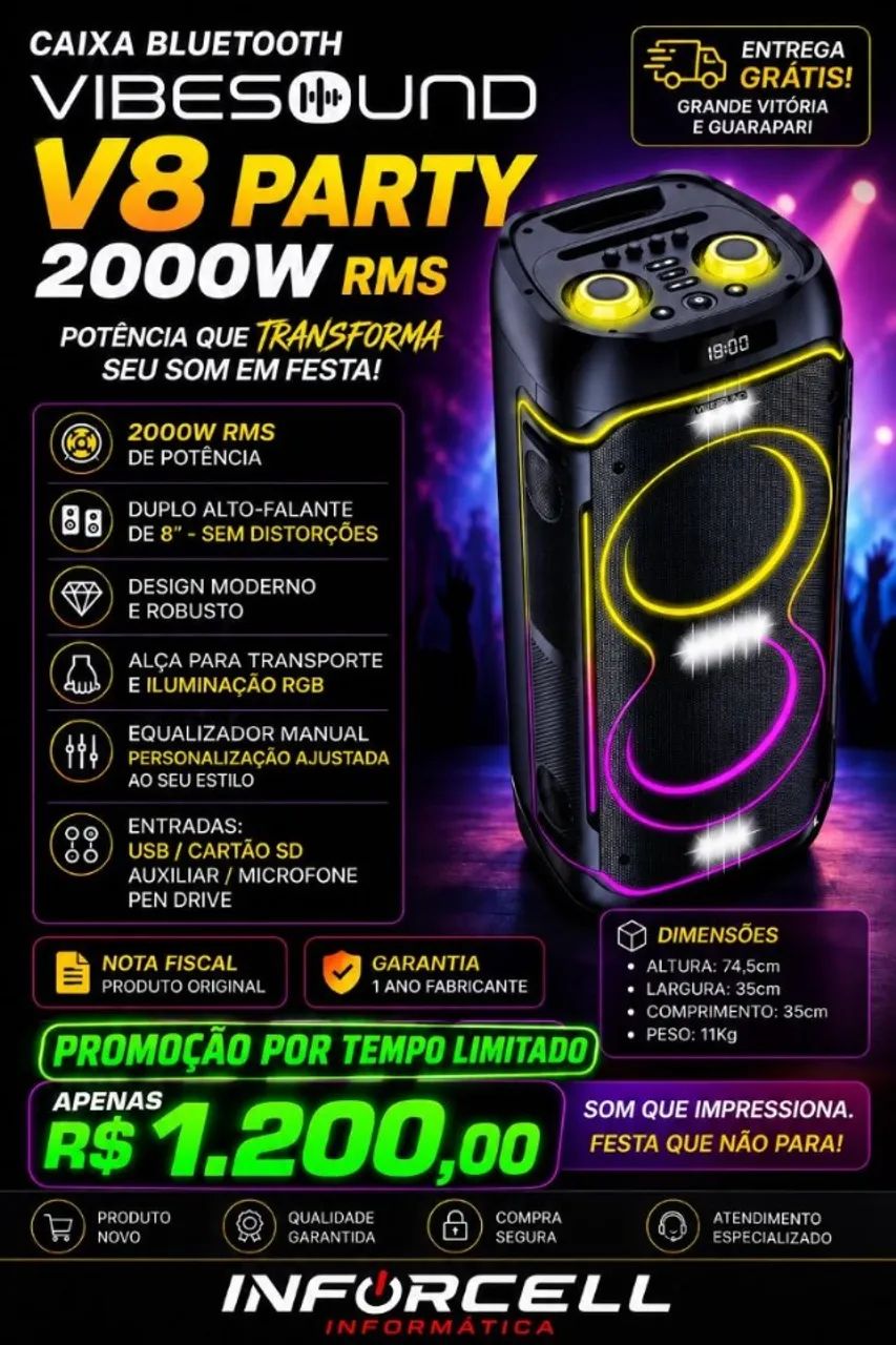 Caixa Bluetooth Vibesound V8 2000w Rms 