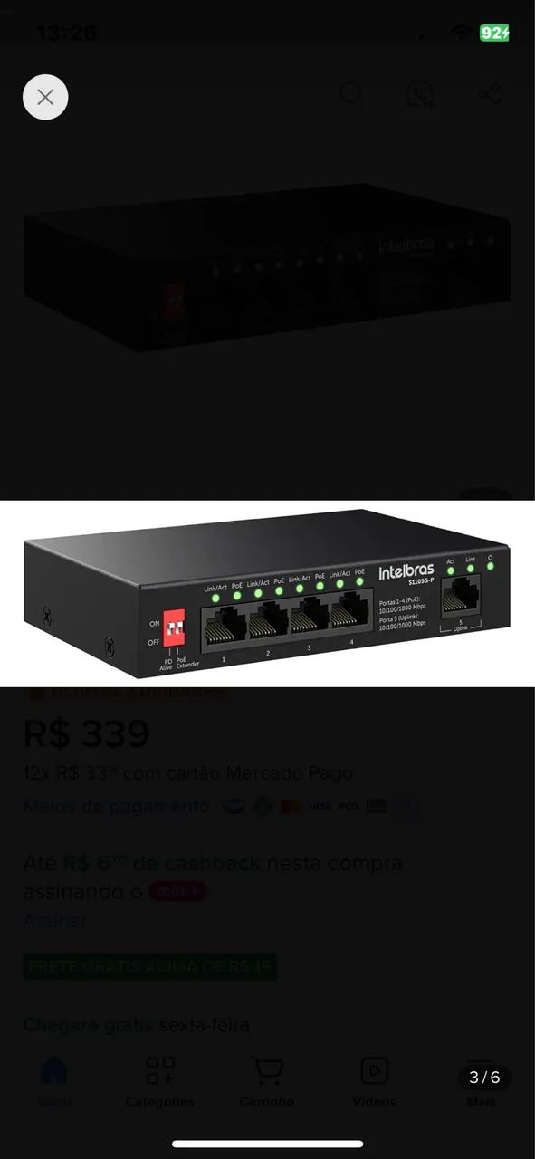 Switch 5 portas POE Intelbras 
