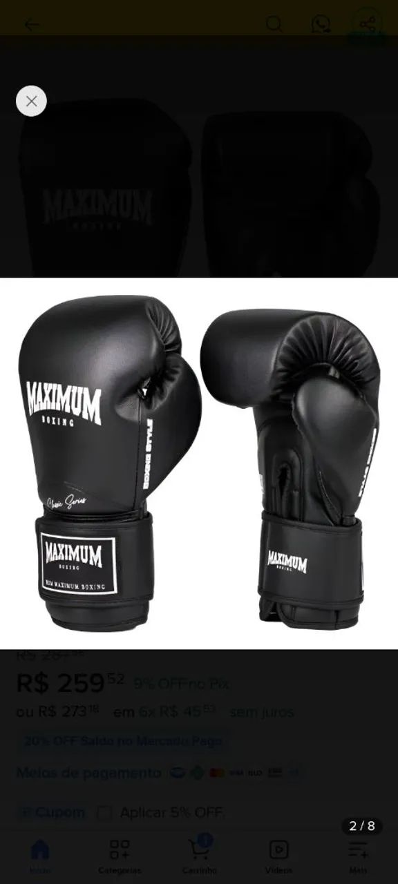 Luva de Boxe e Muay Thai Maximum Classic preta com fechamento em velcro e logo bordo - Foto 2