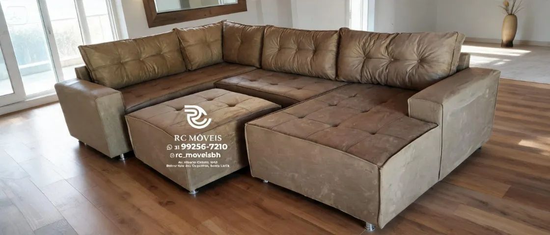 Sofá de canto Grande 3,10m com Chaise e Puff veludo macio D33 Premium - Foto 4