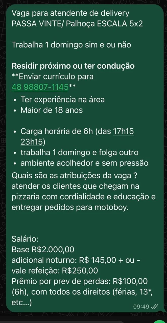 Vaga para atendente de Delivery 