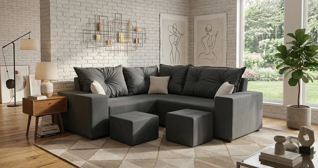 Sofá L ou de canto com centro, puff e almofadas decorativas grátis 
