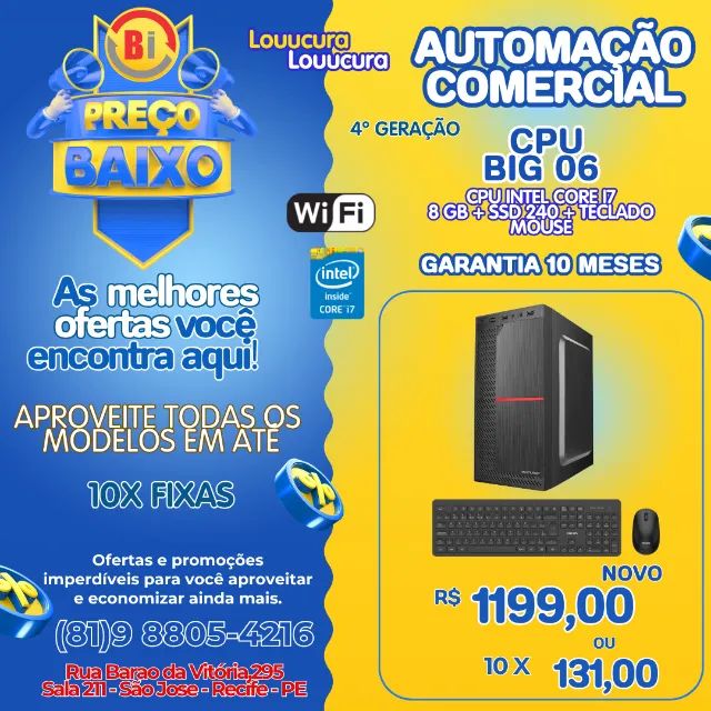 Computador Cpu BIG , Intel Core I7, 16gb De Memória Ram, Ssd 480gb Teclado e Mouse WIF 