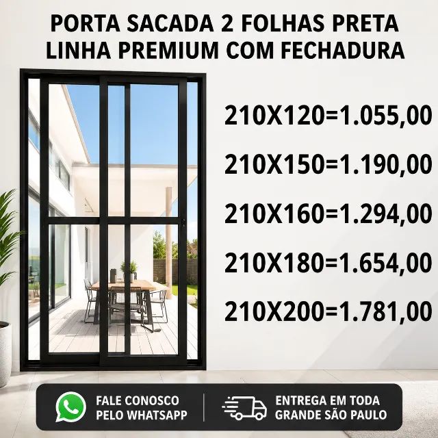 Porta Sacada 2 Folhas Preta Linha Premium 210x120 Abertura dos