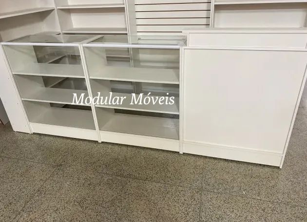 Balcão Caixa + 2 Balcões Vitrine com Vidro Superior