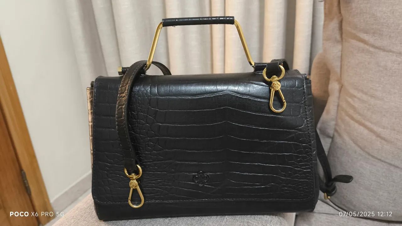 Bolsa de Ombro/Mão Preta em Couro Croco