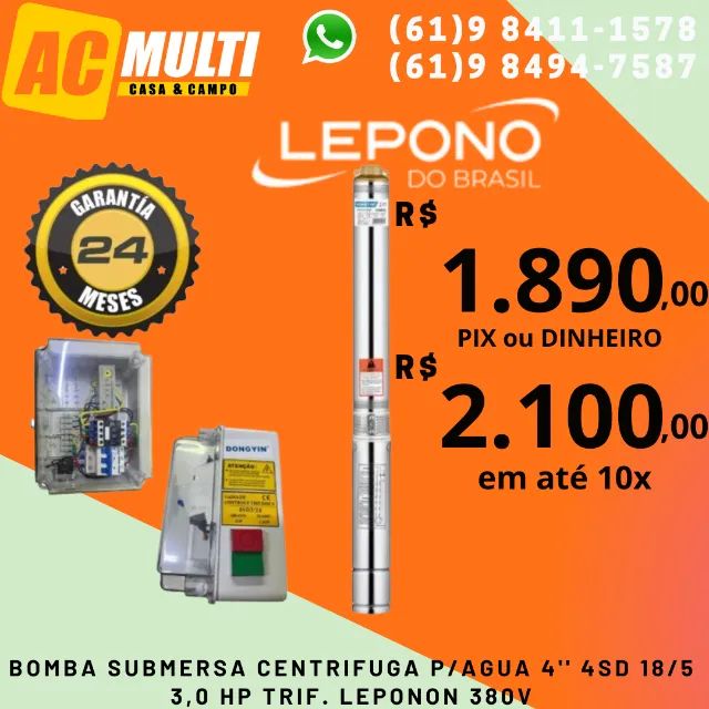 BOMBA Palito Caneta P/AGUA 4'' 4SD 18/5 3,0 HP trif. LEPONON 380v