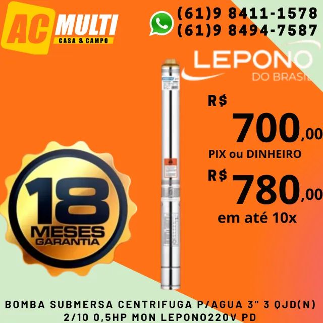 BOMBA SUBMERSA CENTRIFUGA P/AGUA 3" 3 QJD(N) 2/10 0,5HP MON LEPONO220V PD