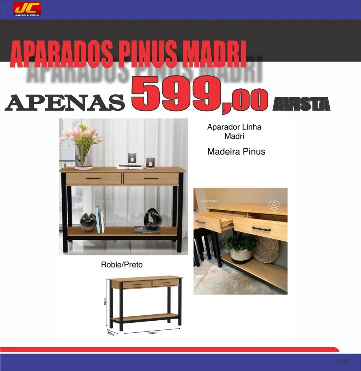 Aparador Linha Madri Madeira Pinus Roble/Preto