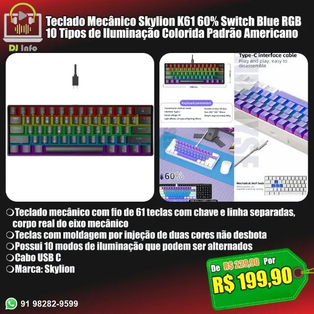 Teclado Mecânico Skylion K61 60% Switch Blue RGB 10 Tipos de Iluminação Colorida
