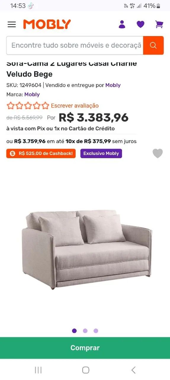 Sofá-Cama 2 Lugares Casal Charle Veludo Bege novo  