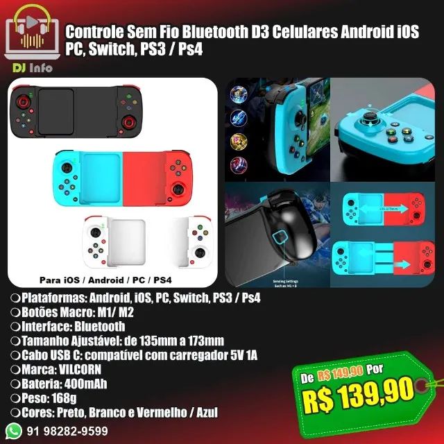 Controle Sem Fio Bluetooth D3 Celulares Android iOS PC Switch PS3 / PS4