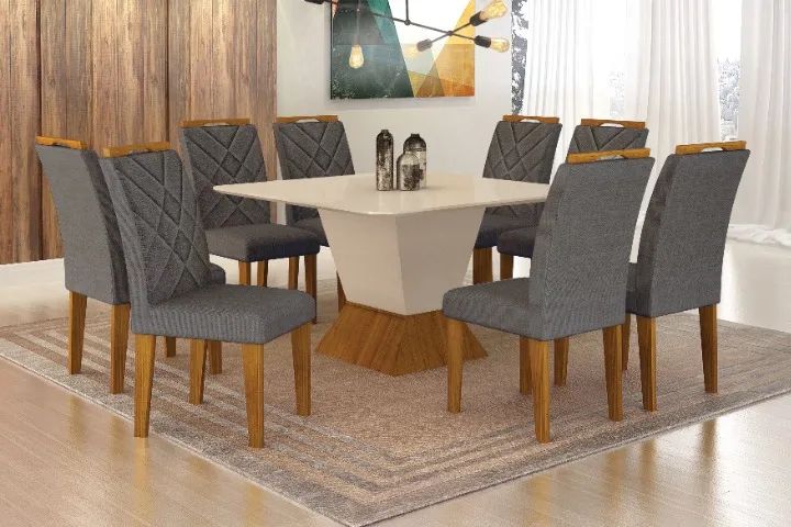 CONJUNTO DE JANTAR MESA CANTO COPO COM TAMPO EM VIDRO E 8 CADEIRAS ACOLCHOADAS