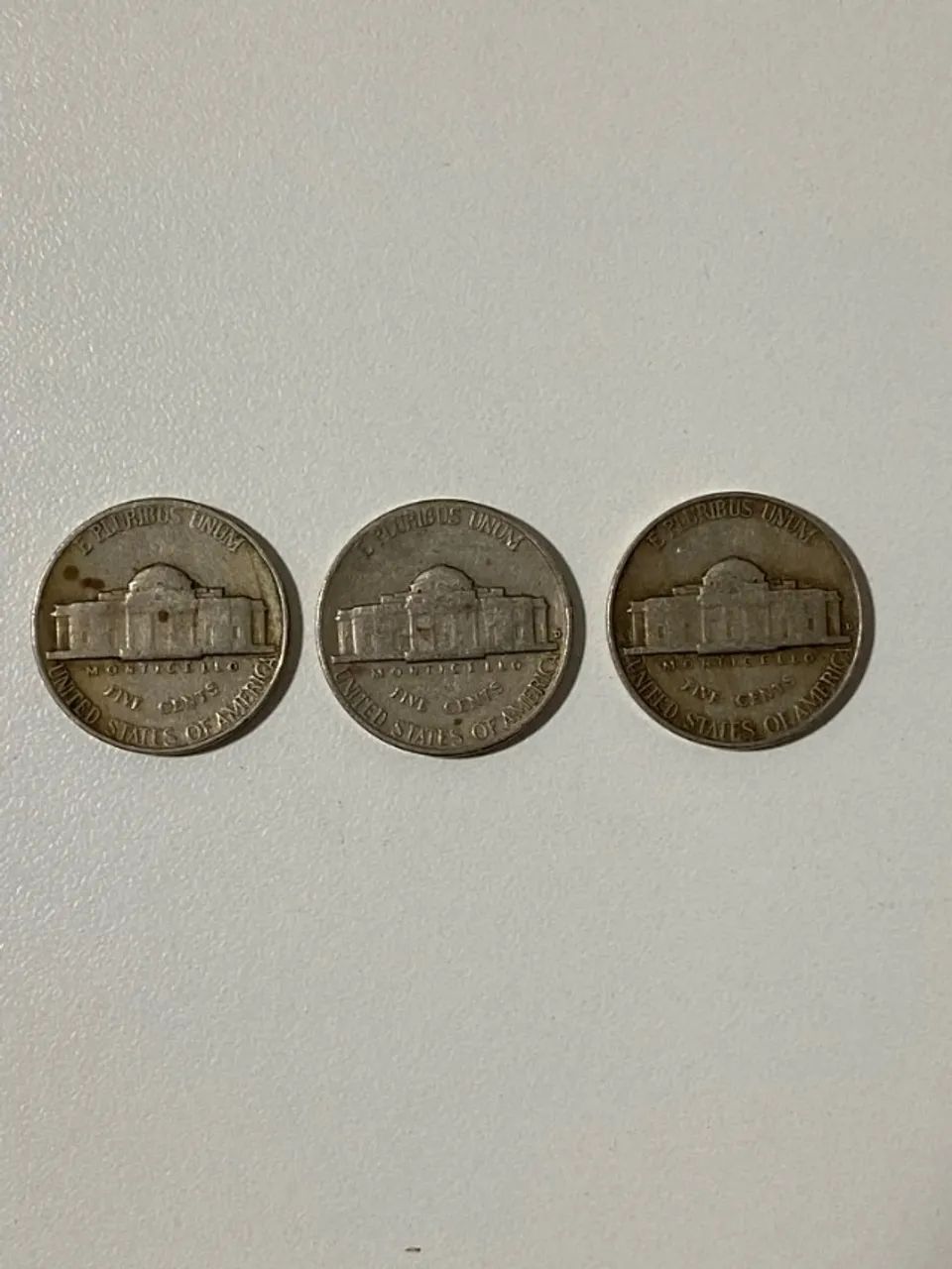 Kit 3 moedas de five cents EUA cinco centavos americanos 1946 1948 e 1958