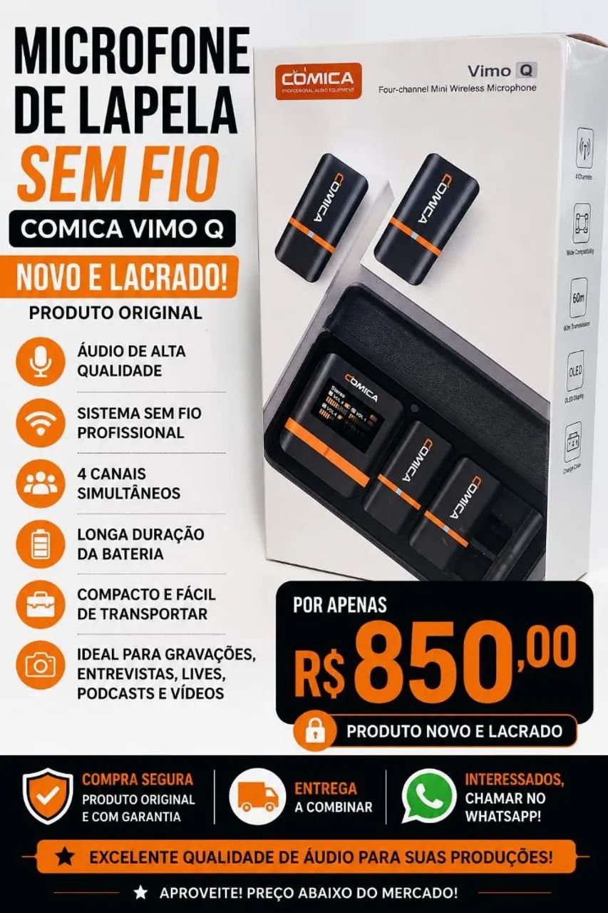 MICROFONE DE LAPELA SEM FIO COMICA Vimo Q - ORIGINAL, NOVO E LACRADO