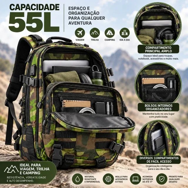 Mochila Tática Militar 55l Camuflada Impermeável Usb - Foto 4