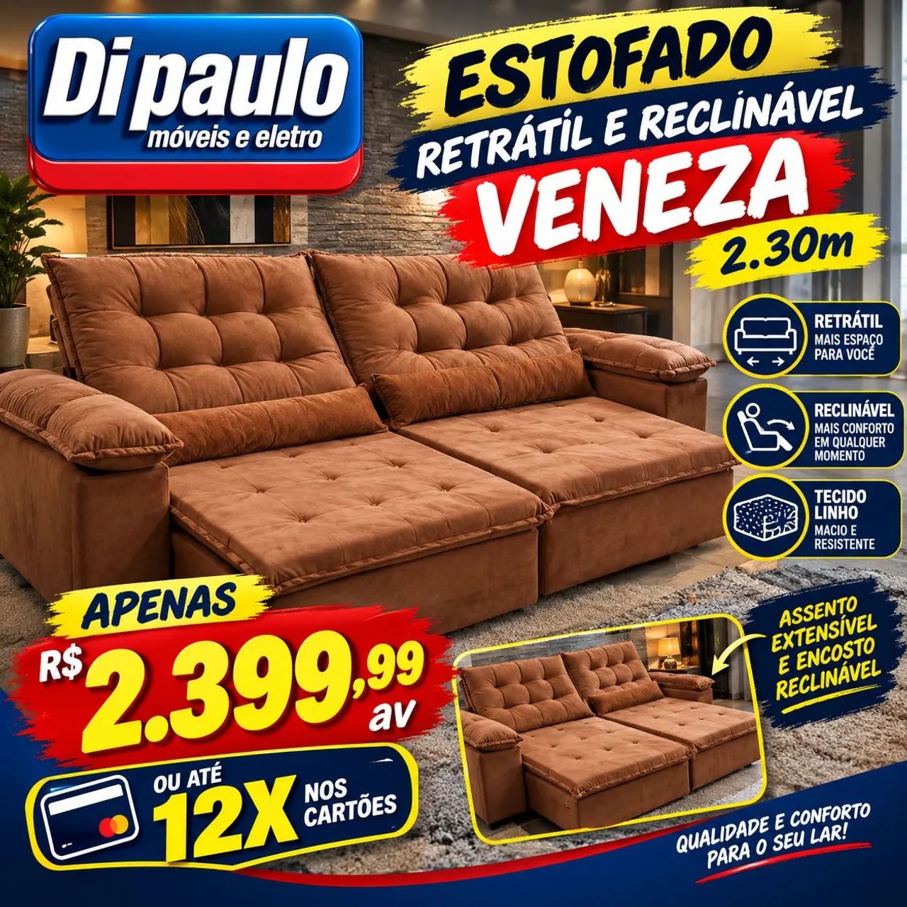 Sofá retrátil e reclinável 