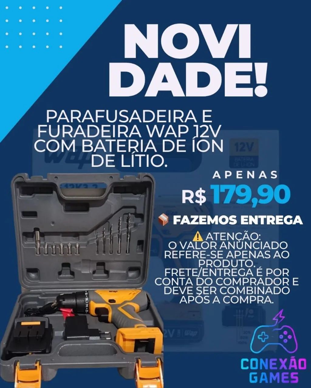 Parafusadeira e Furadeira WAP 12V com Bateria de Íon de Lítio.