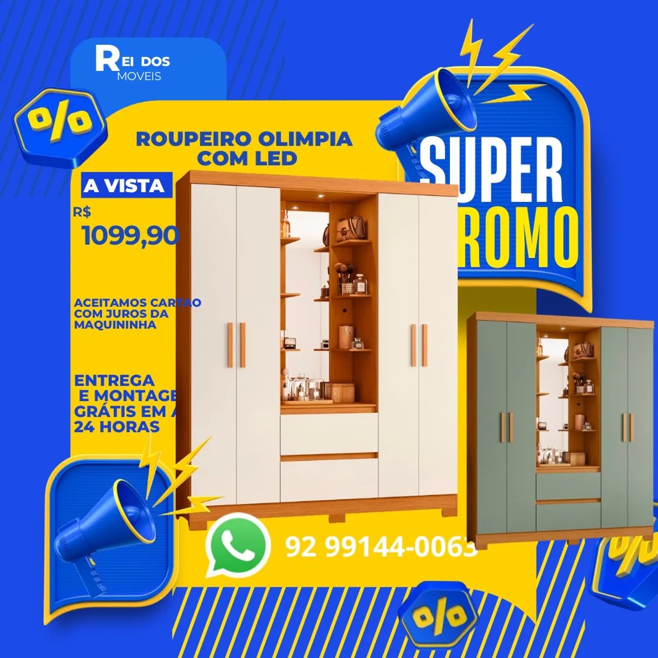 Guarda roupa casal com led e espelho
