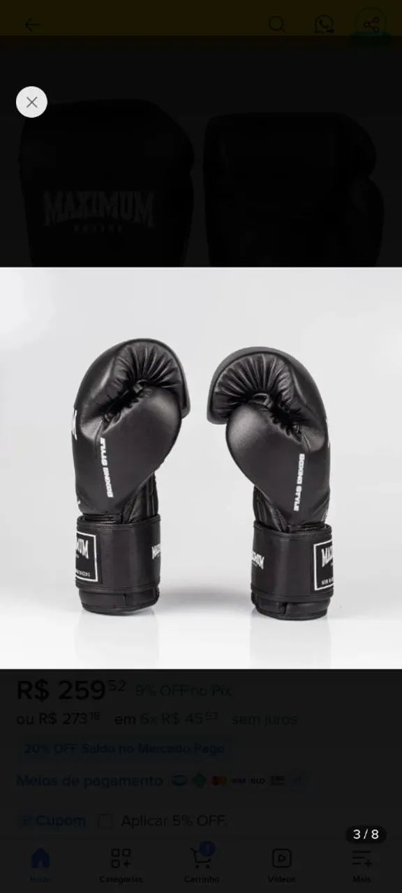 Luva de Boxe e Muay Thai Maximum Classic preta com fechamento em velcro e logo bordo